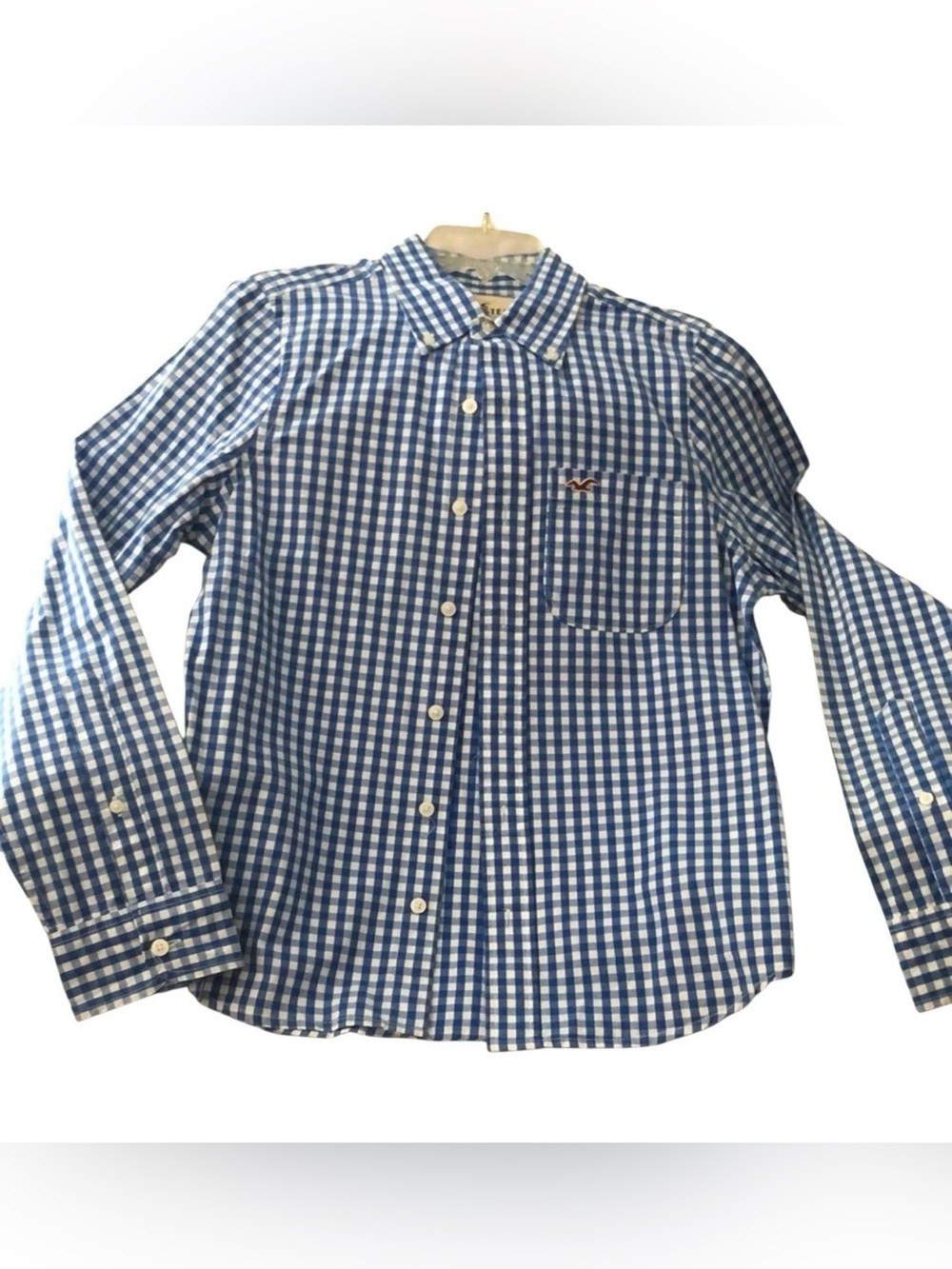 Hollister Boys XL Blue Gingham Button Down Shirt Preppy Check